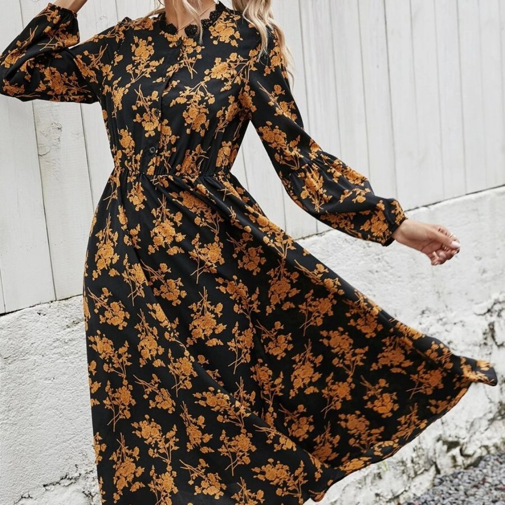 Allover Floral Lace Trim Button Up Shirt Dress - Picture 4 of 5